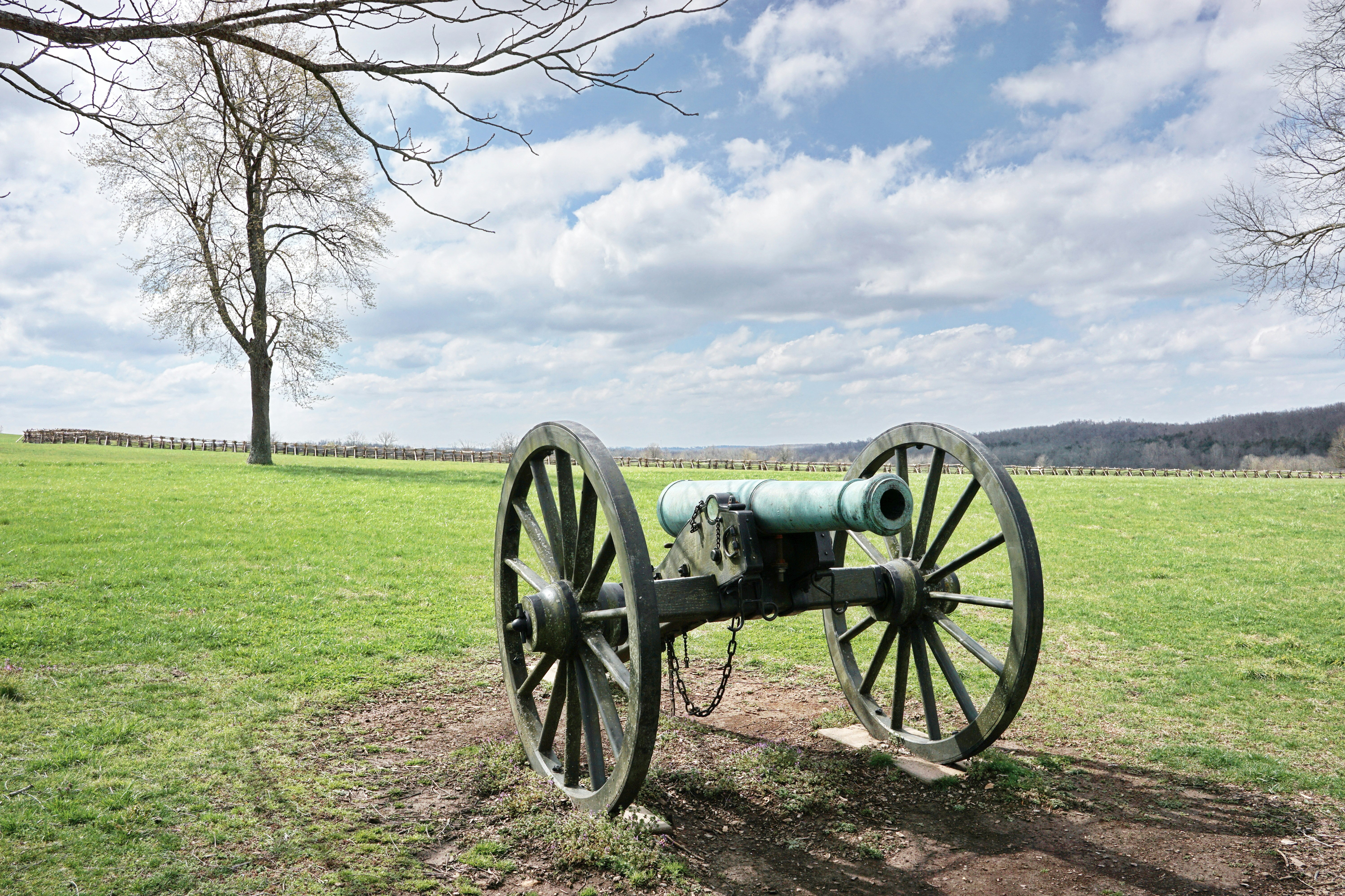 green and black canon on green grass field under blue and white sunny cloudy sky